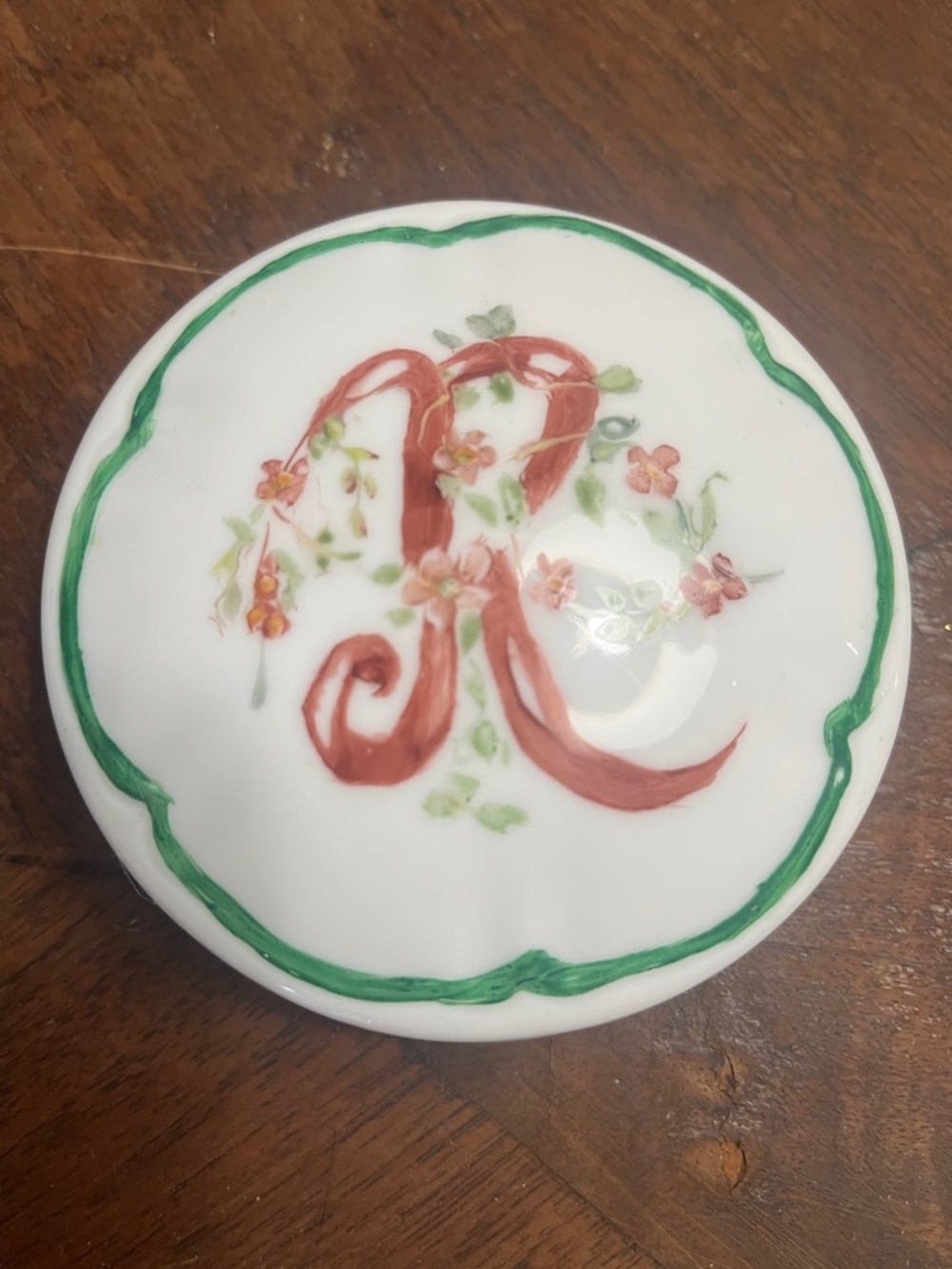 Monogrammed Porcelain Trinket Dish with Floral R - 4 inch diameter